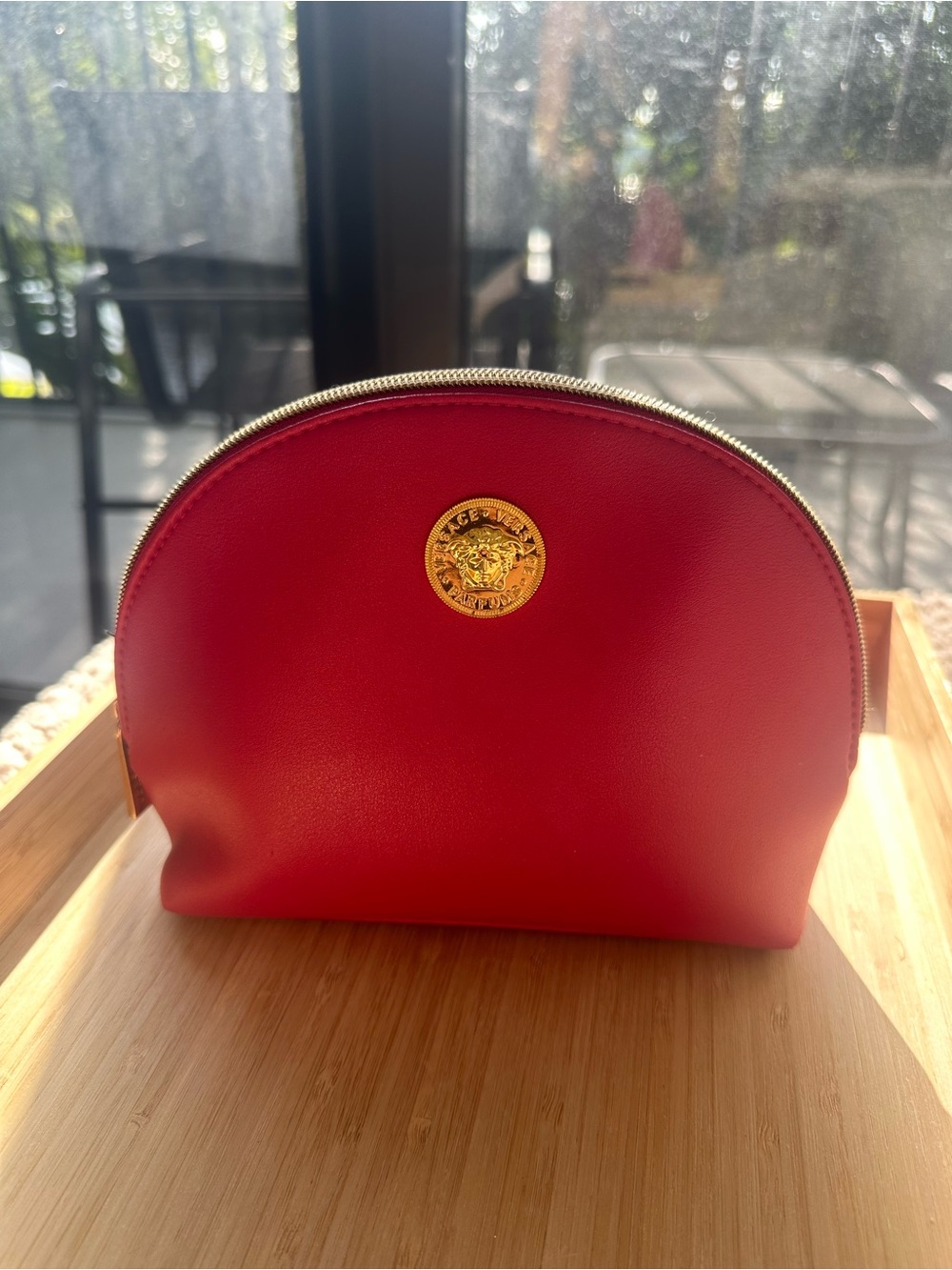 Versace Red Leather Dome Cosmetic Case with Gold Medallion